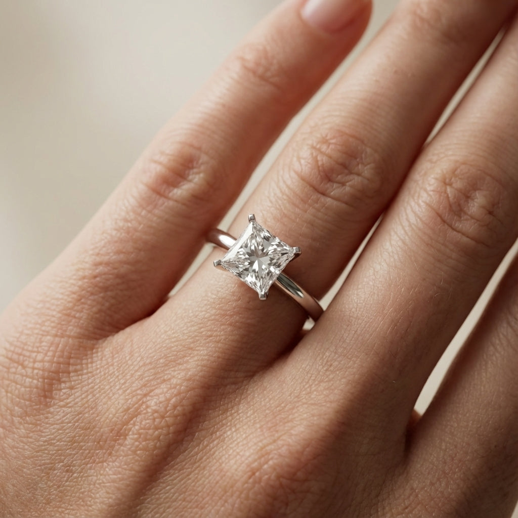 Princess Cut Lab Grown Diamond Solitaire Engagement Ring in Silver showing floral basket detail