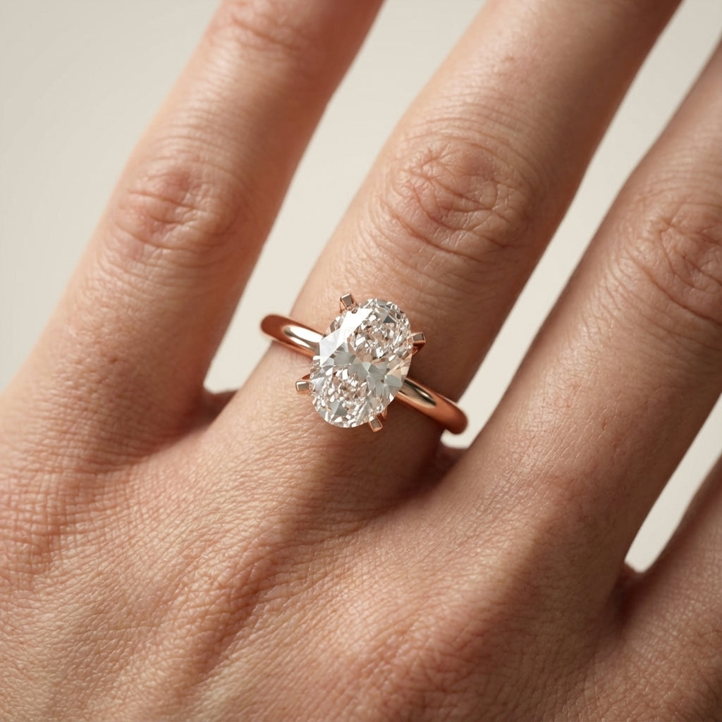 Oval Cut Lab Grown Diamond Engagement Ring in Rose Gold showing floral basket details