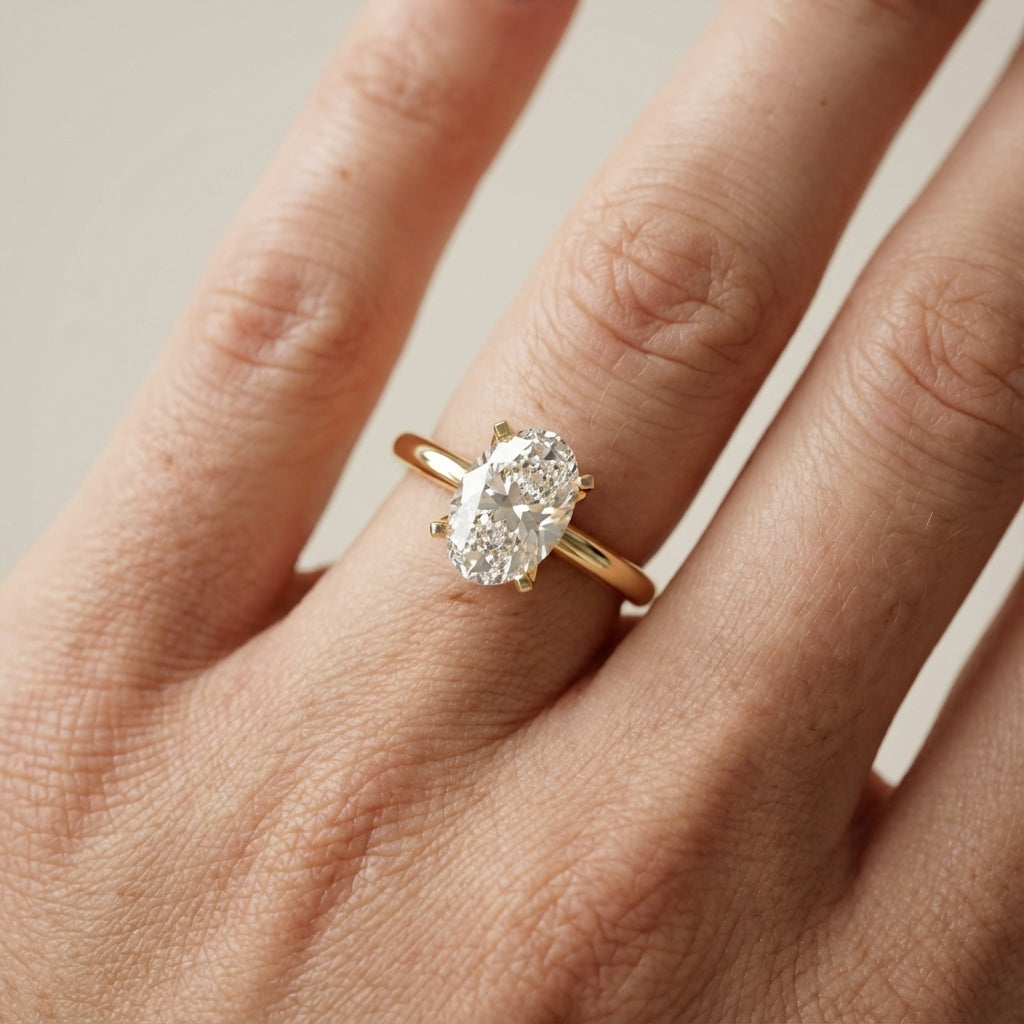 Oval Cut Lab Grown Diamond Engagement Ring in Yellow Gold with unique bridge profile