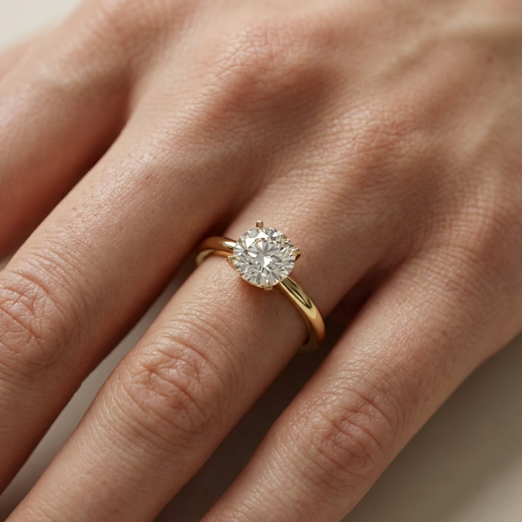 Round Cut Lab Grown Diamond Solitaire Engagement Ring in Yellow Gold Floral Setting