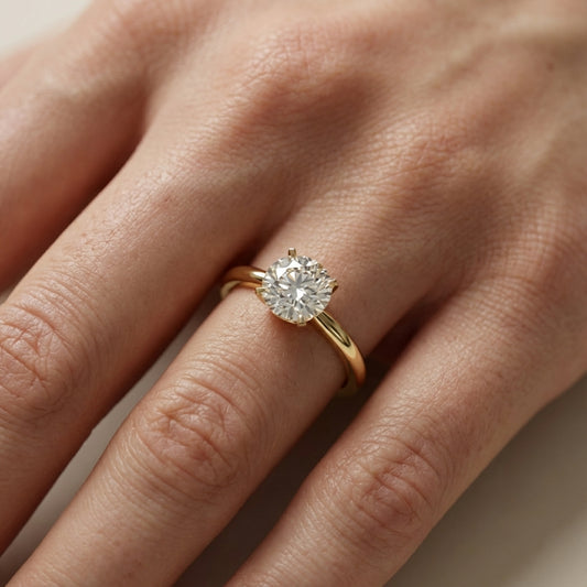 Round Cut Lab Grown Diamond Solitaire Engagement Ring in Yellow Gold Floral Setting