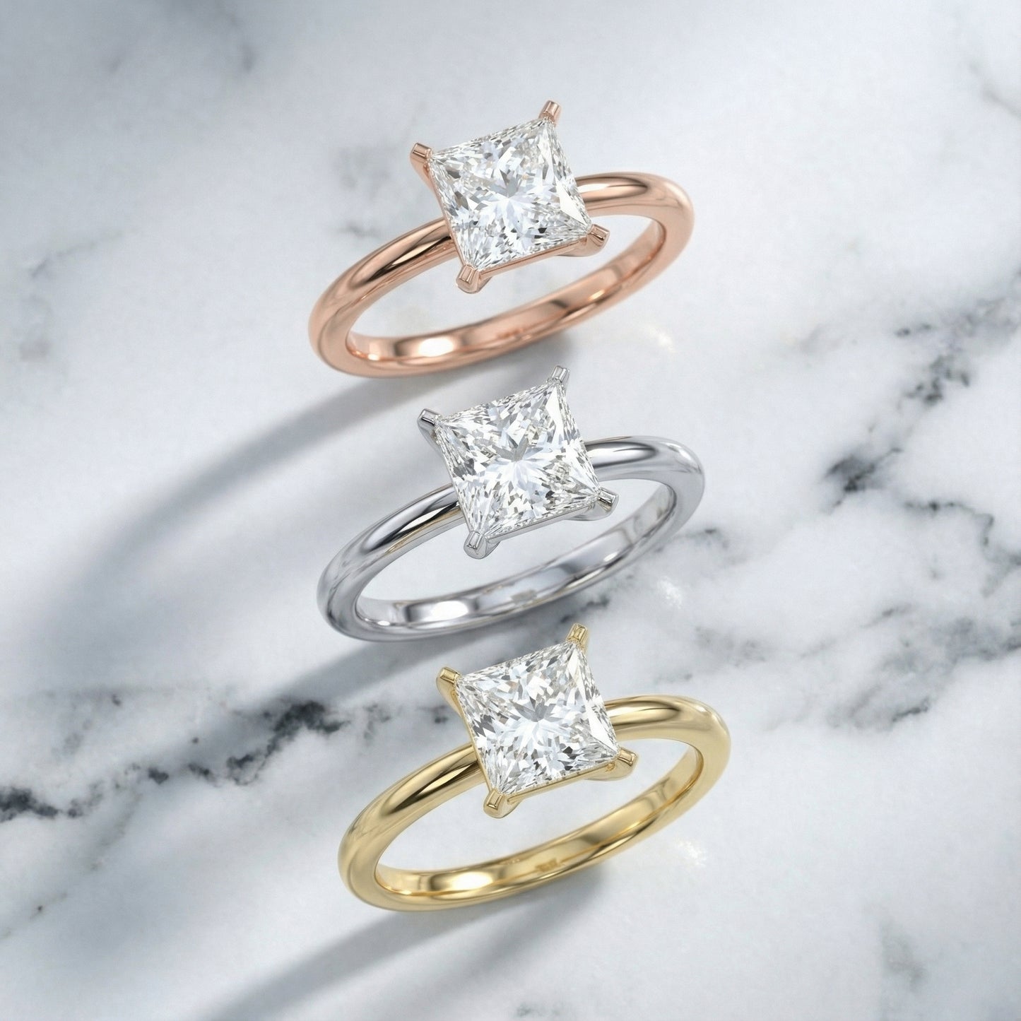 Princess Cut Lab Grown Diamond Solitaire Engagement Ring in Platinum with unique floral basket