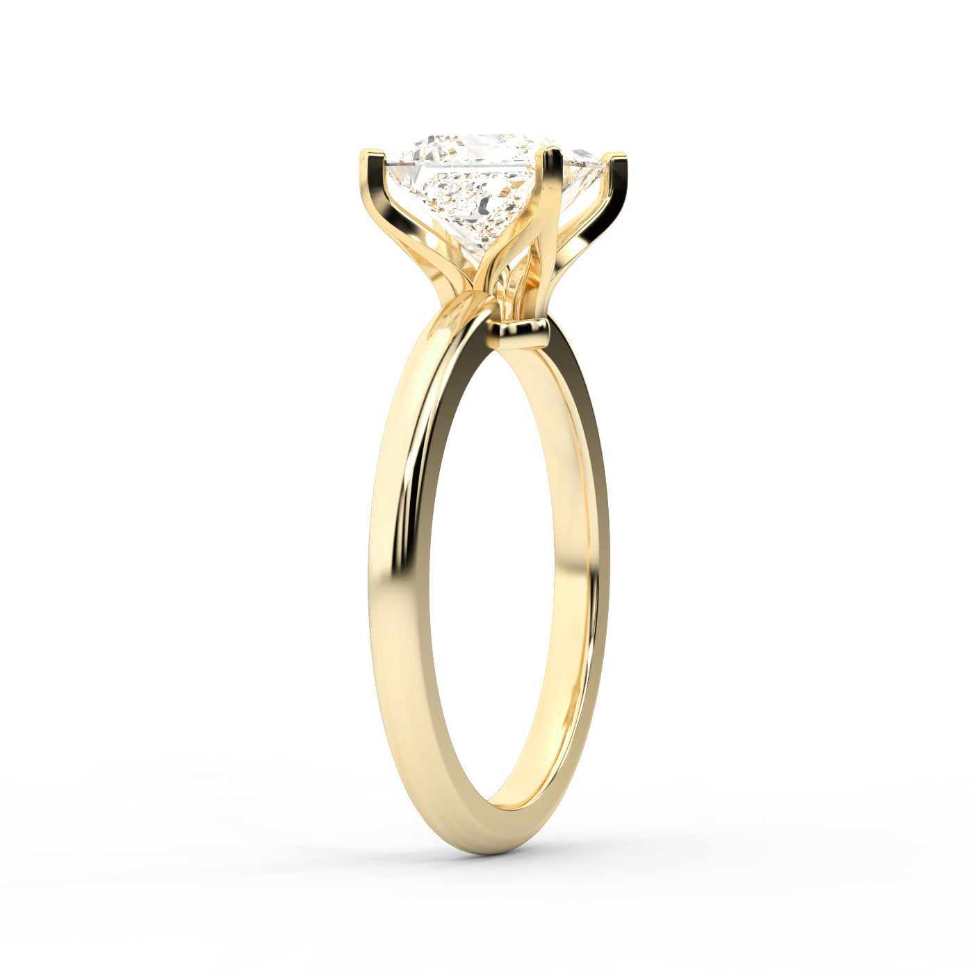 Princess Cut Lab Grown Diamond Solitaire Engagement Ring in Yellow Gold showing cathedral setting