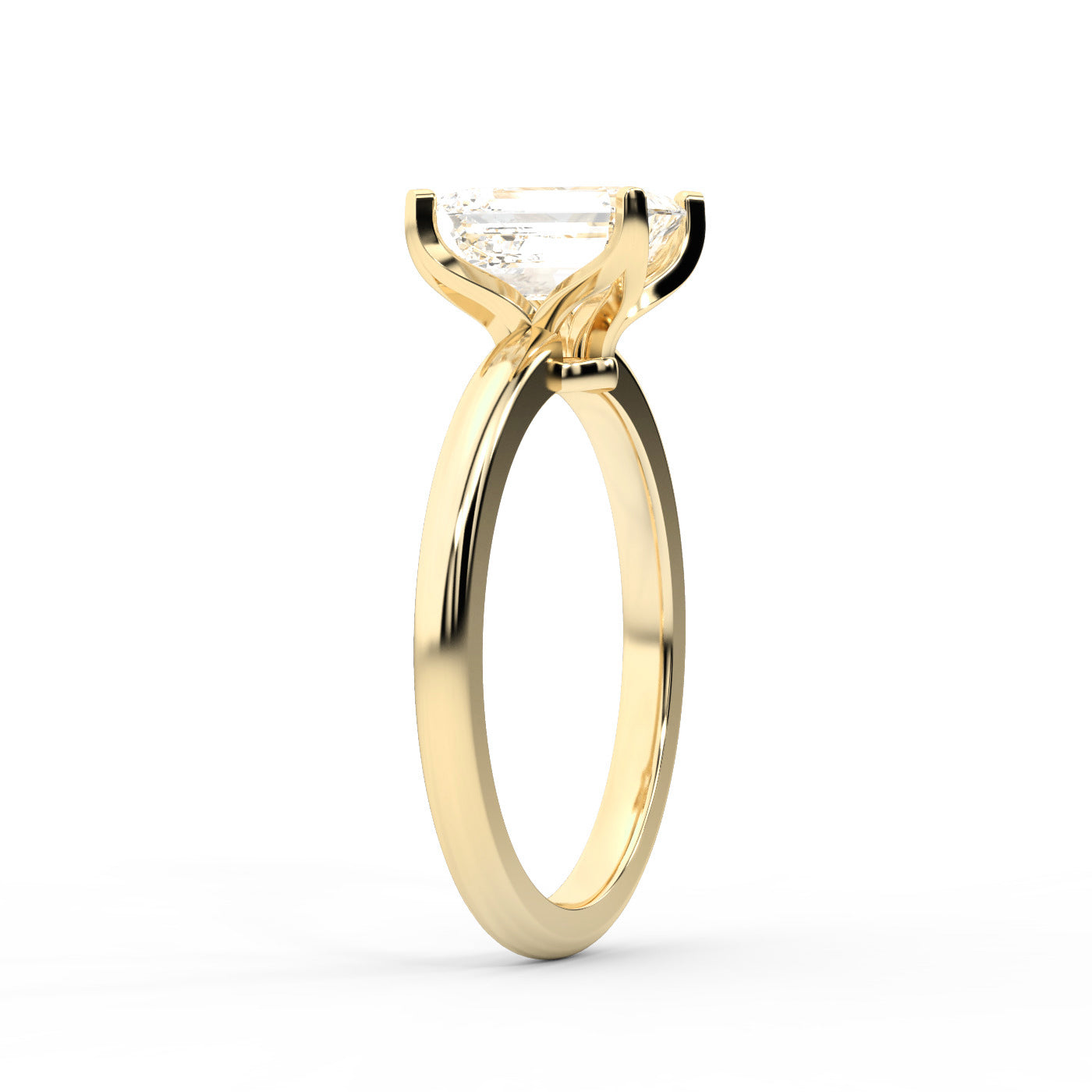 Emerald Cut Lab Grown Diamond Solitaire Engagement Ring in Yellow Gold showing cathedral setting