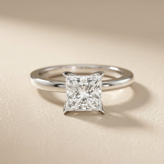 Princess Cut Lab Grown Diamond Solitaire Engagement Ring in Silver with floral basket setting.