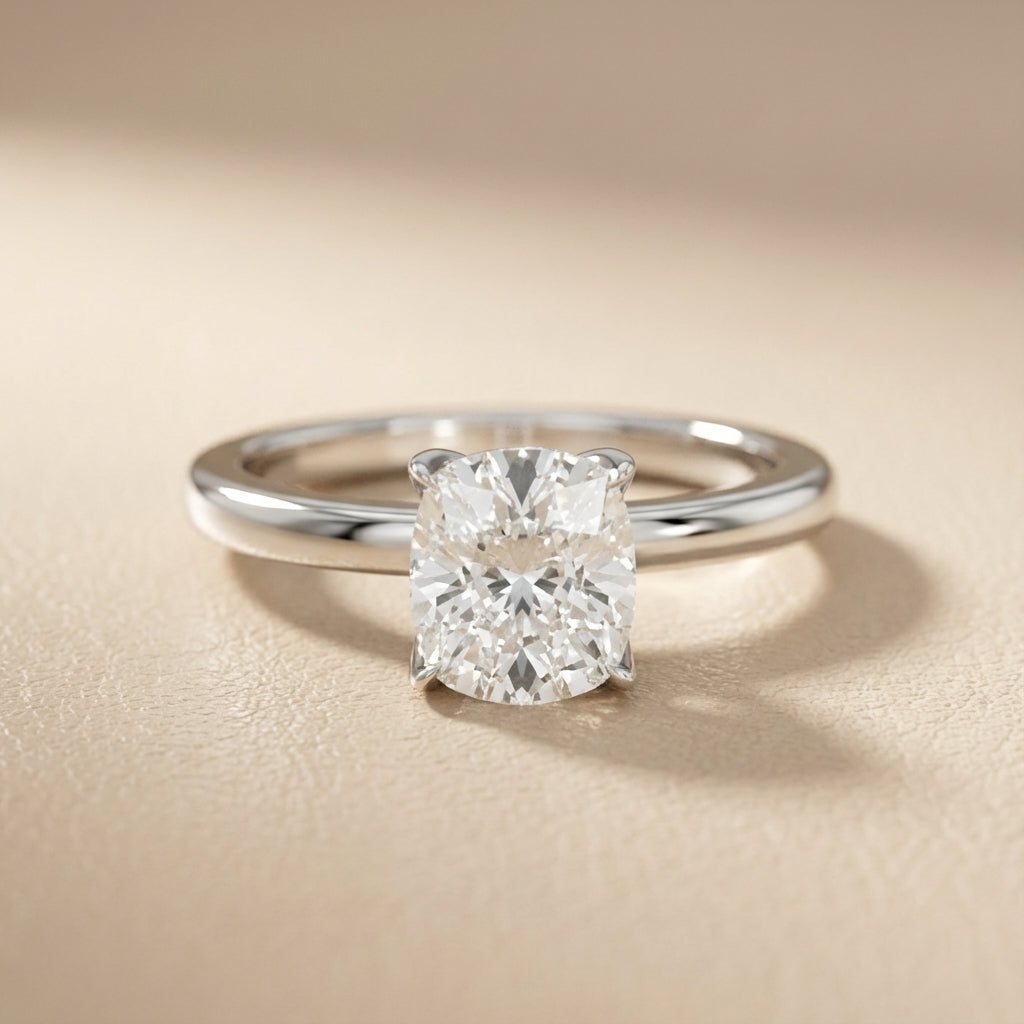Cushion Cut Lab Grown Diamond Solitaire Engagement Ring in White Gold with Floral Basket Detail