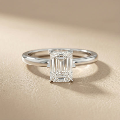 Emerald Cut Lab Grown Diamond Solitaire Engagement Ring with Floral Basket in Platinum