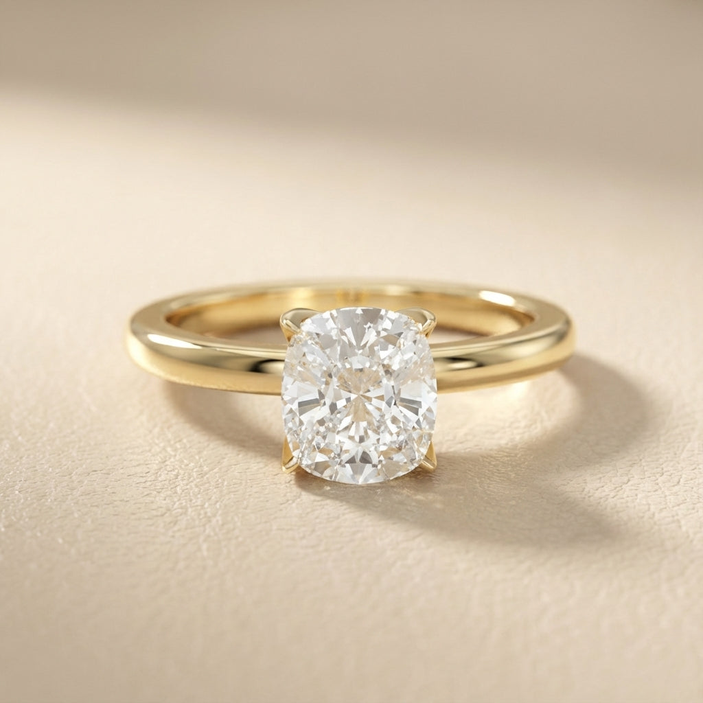 Cushion Cut Lab Grown Diamond Solitaire Engagement Ring in Yellow Gold with Floral Basket Detail