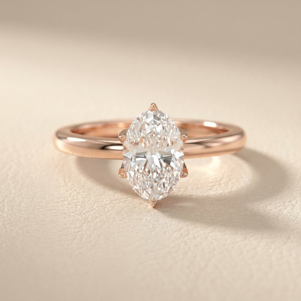 Oval Cut Lab Grown Diamond Solitaire Engagement Ring in Rose Gold showing floral prong details.