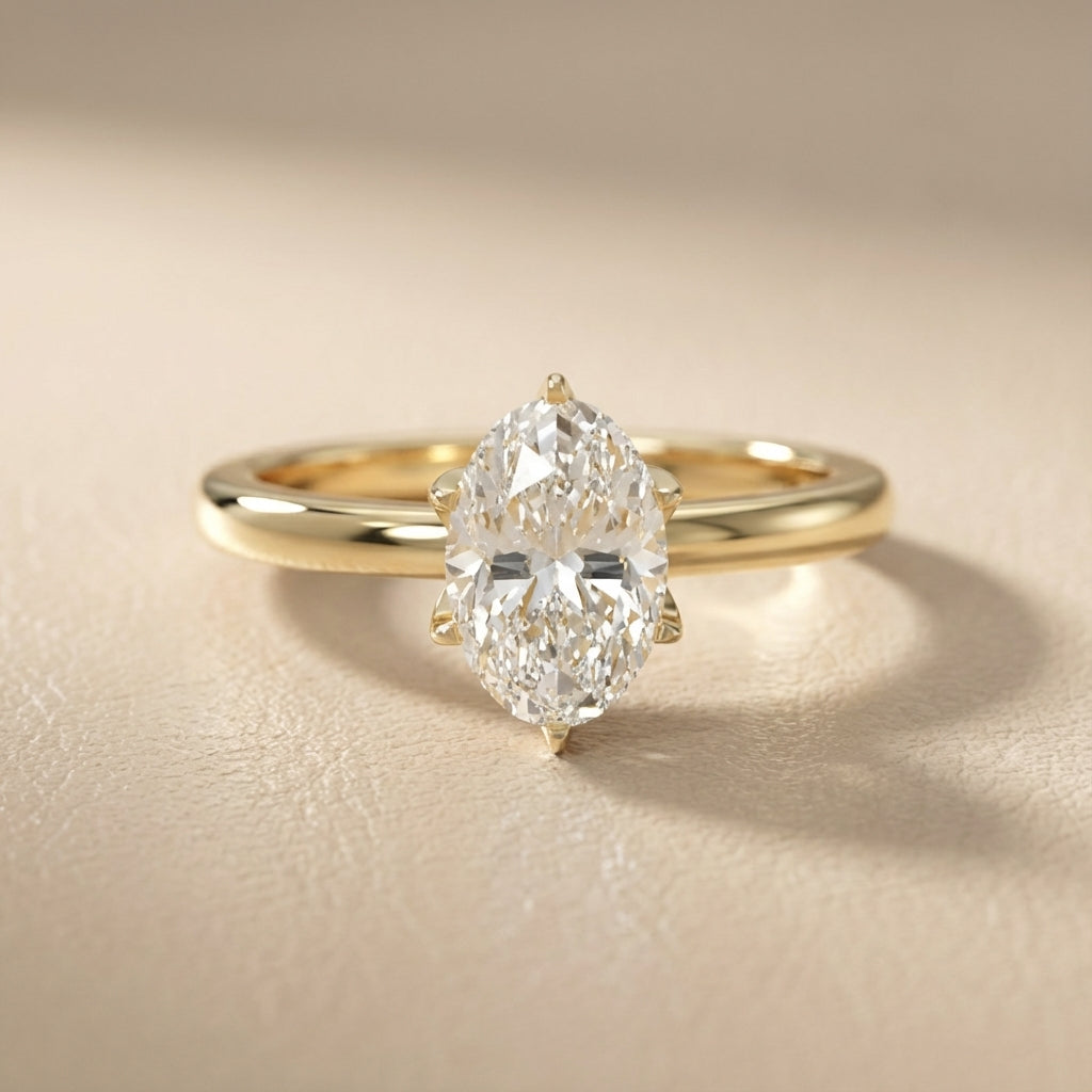 Oval Cut Lab Grown Diamond Solitaire Engagement Ring in Yellow Gold with six prong setting.