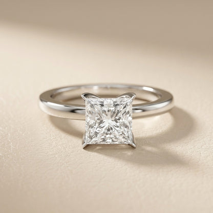 Princess Cut Lab Grown Diamond Solitaire Engagement Ring in White Gold with unique prong setting.
