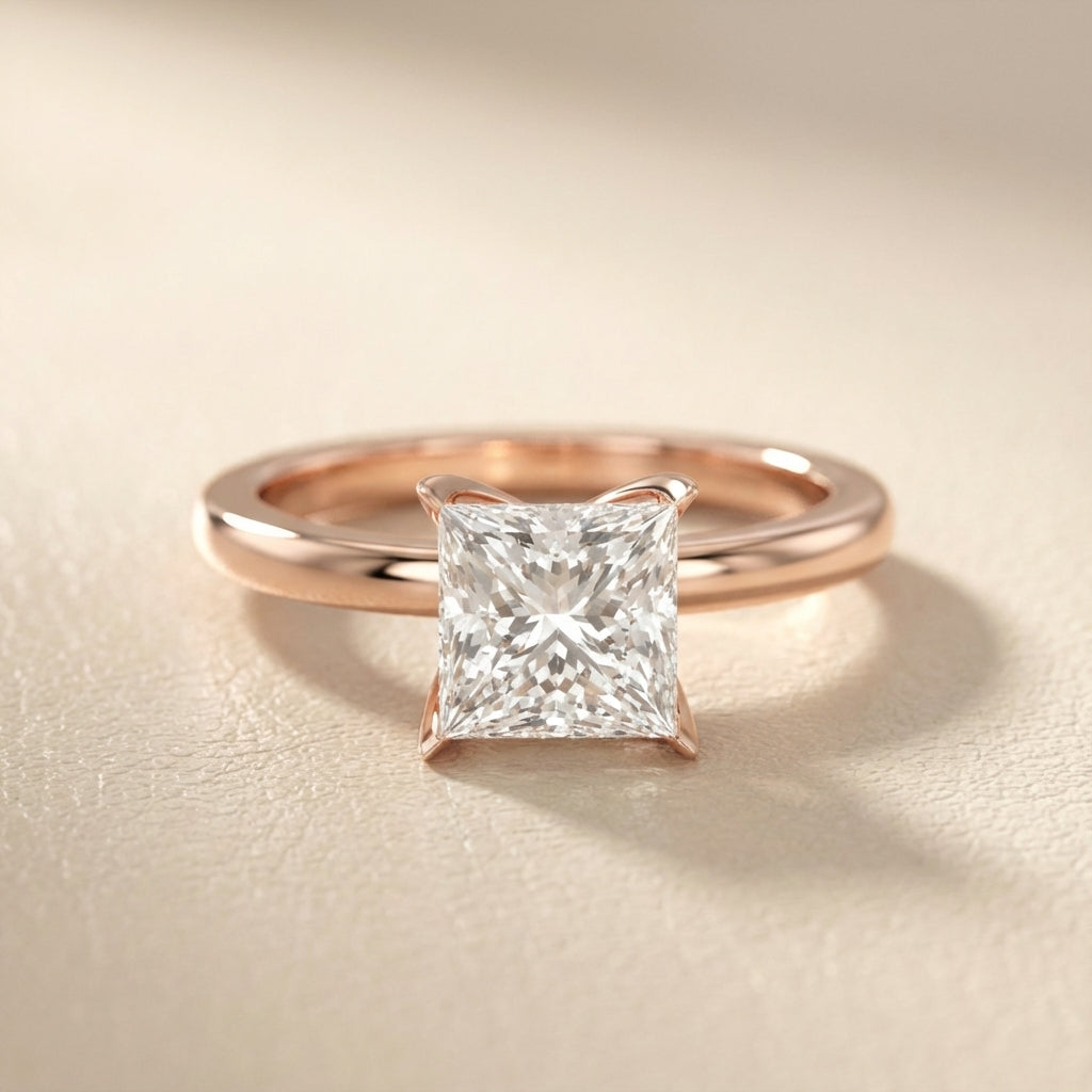 Princess Cut Lab Grown Diamond Solitaire Engagement Ring in Rose Gold showing side profile and unique setting.