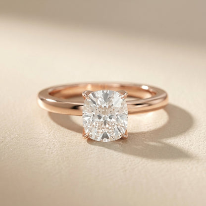 Cushion Cut Lab Grown Diamond Solitaire Engagement Ring in Rose Gold with Floral Basket Detail