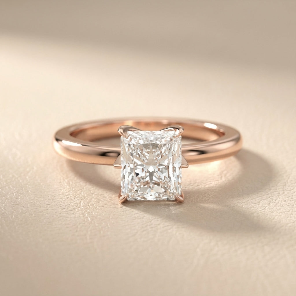 Radiant Cut Lab Grown Diamond Solitaire Engagement Ring in Rose Gold showing side profile