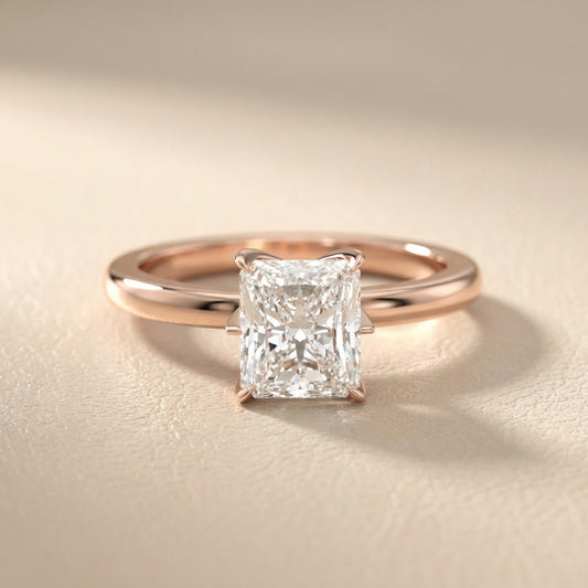 Radiant Cut Lab Grown Diamond Solitaire Engagement Ring in Rose Gold showing side profile