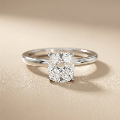 Cushion Cut Lab Grown Diamond Solitaire Engagement Ring in Silver with Floral Basket Detail