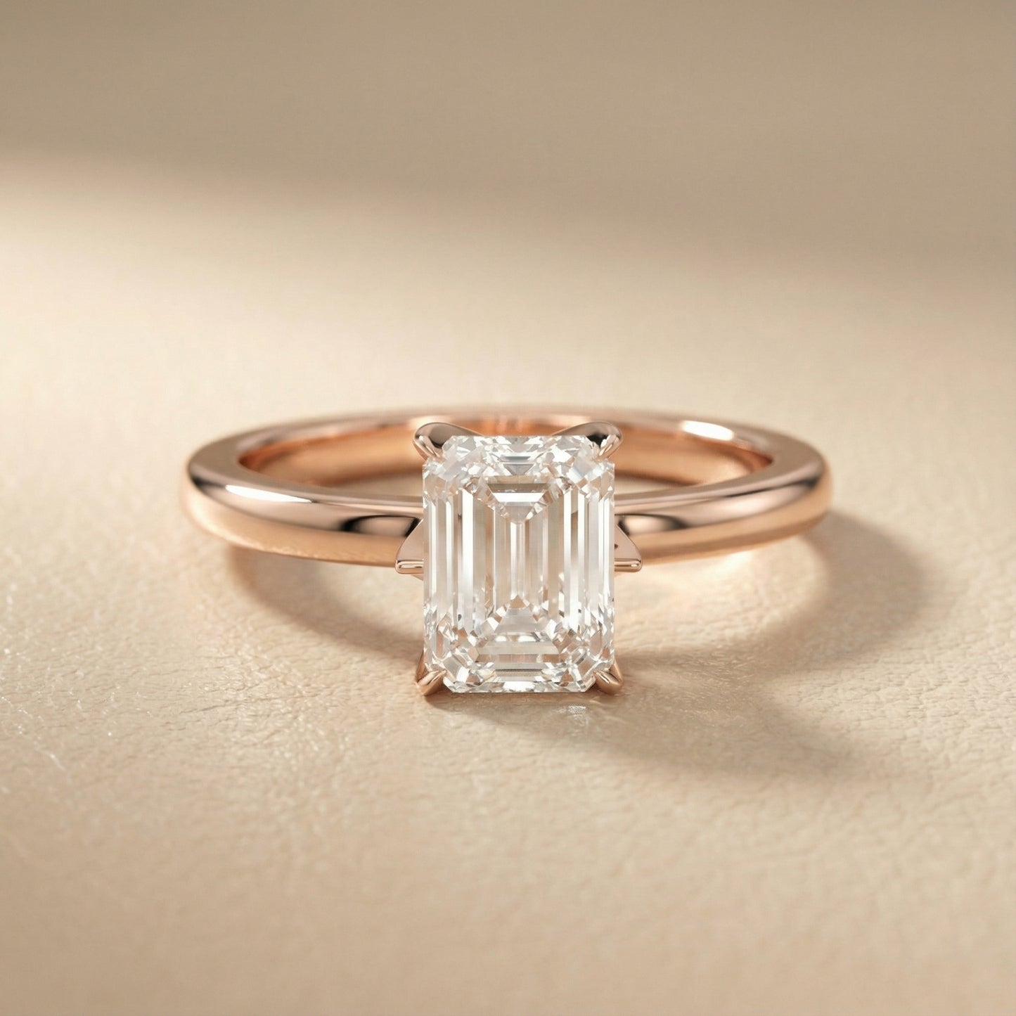 Emerald Cut Lab Grown Diamond Solitaire Engagement Ring with Floral Setting in Rose Gold
