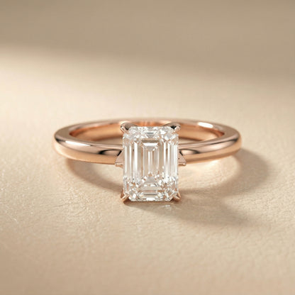 Emerald Cut Lab Grown Diamond Solitaire Engagement Ring with Floral Setting in Rose Gold