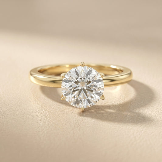 Round Cut Lab Grown Diamond Floral Basket Solitaire Engagement Ring in Yellow Gold