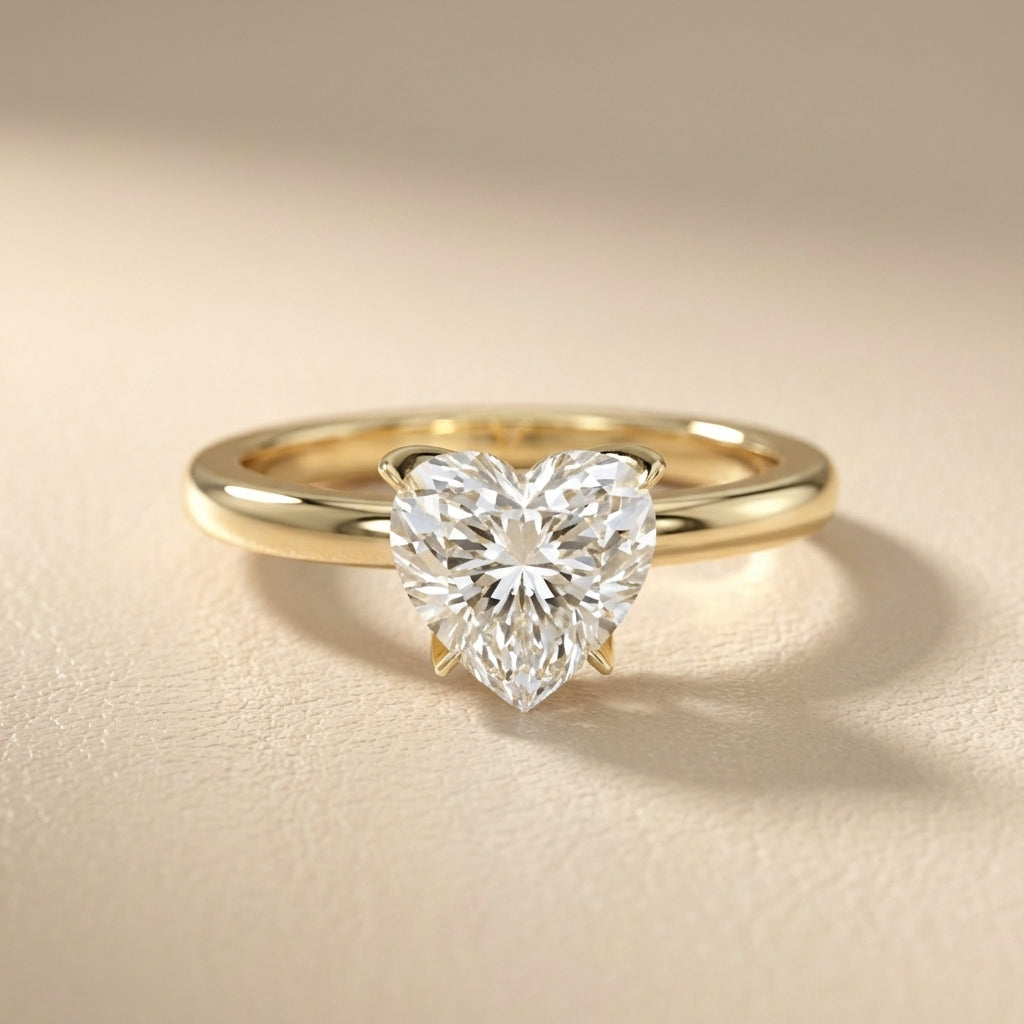 Serena Blossom Heart Cut Lab Grown Diamond Solitaire Engagement Ring in Yellow Gold showing slim band