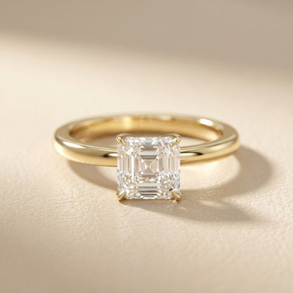Asscher Cut Lab Grown Diamond Solitaire Engagement Ring in Yellow Gold floral setting