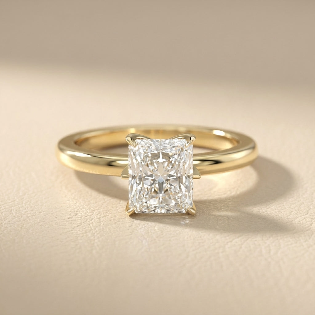 Radiant Cut Lab Grown Diamond Solitaire Engagement Ring in Yellow Gold showing floral details