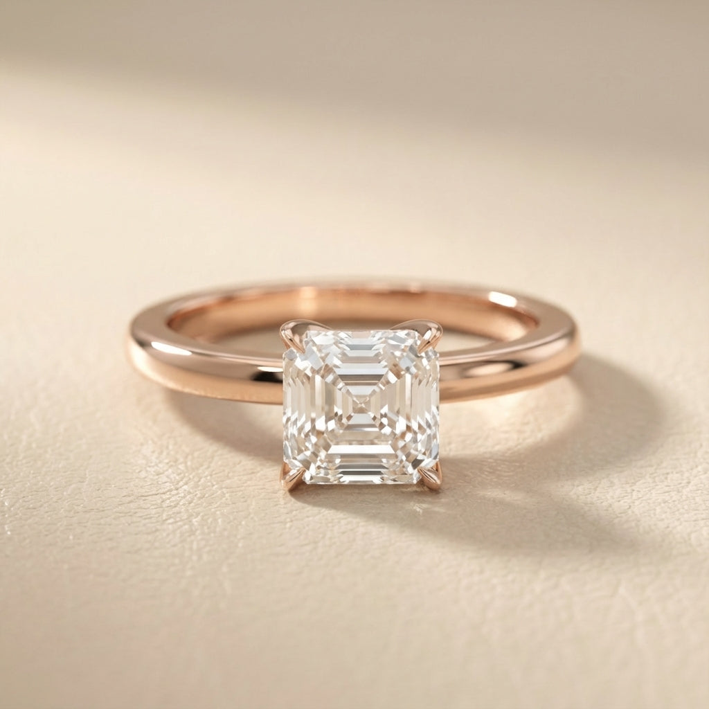 Asscher Cut Lab Grown Diamond Solitaire Engagement Ring in Rose Gold floral setting