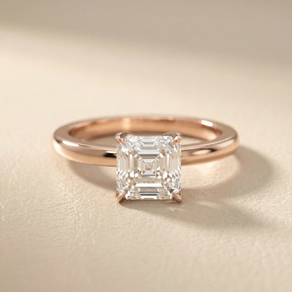 Asscher Cut Lab Grown Diamond Solitaire Engagement Ring in Rose Gold floral setting