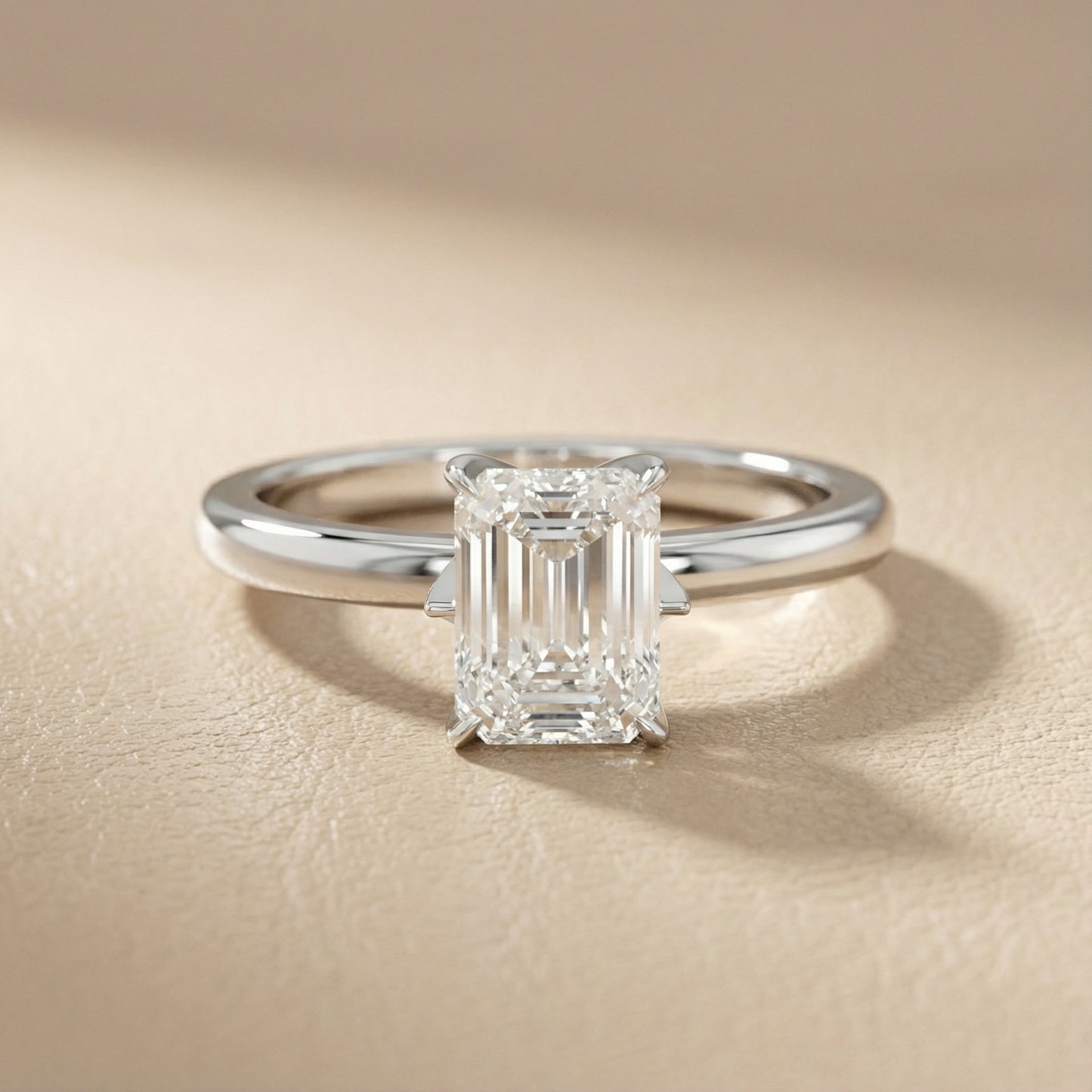 Emerald Cut Lab Grown Diamond Solitaire Engagement Ring with Floral Basket in White Gold