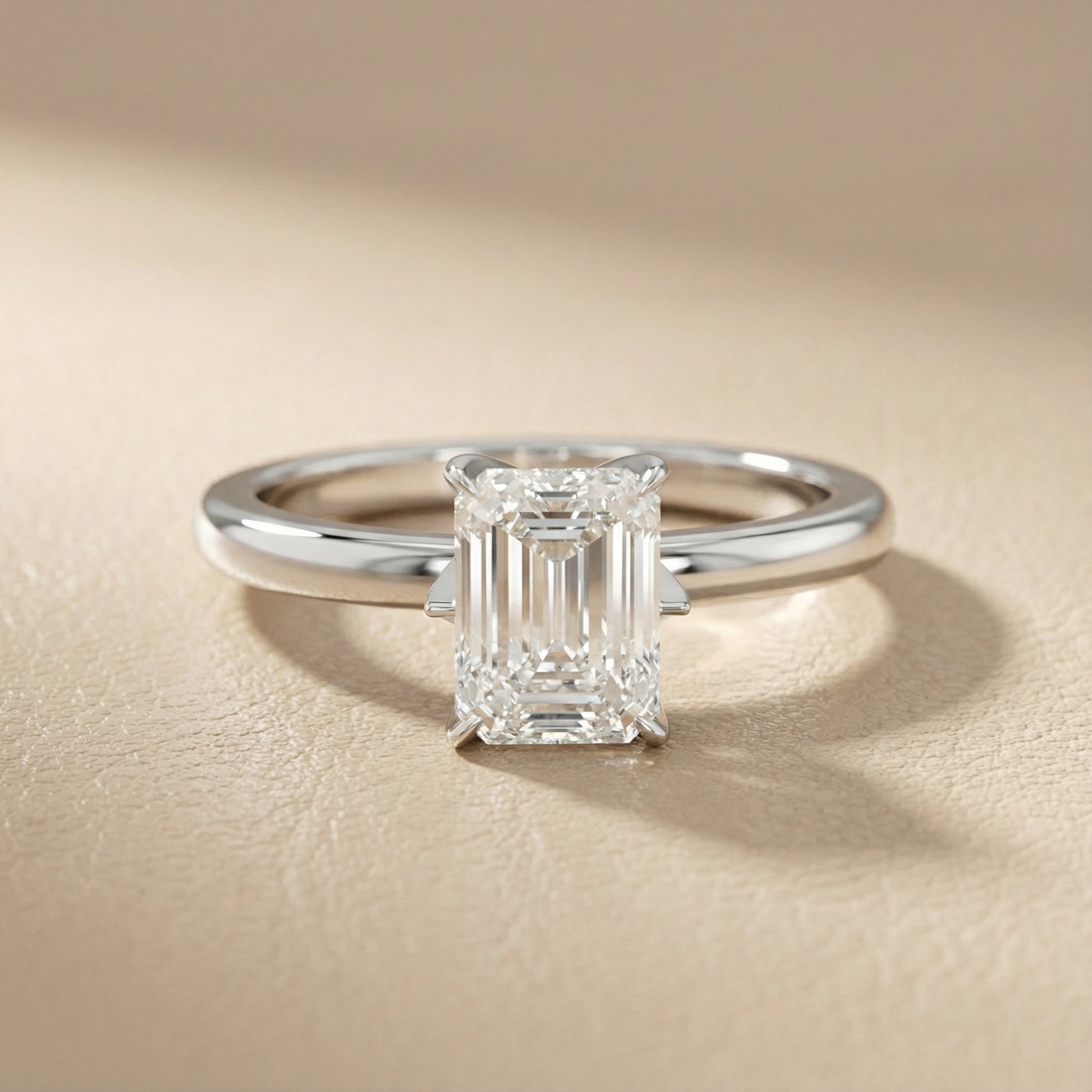 Emerald Cut Lab Grown Diamond Solitaire Engagement Ring with Floral Basket in White Gold