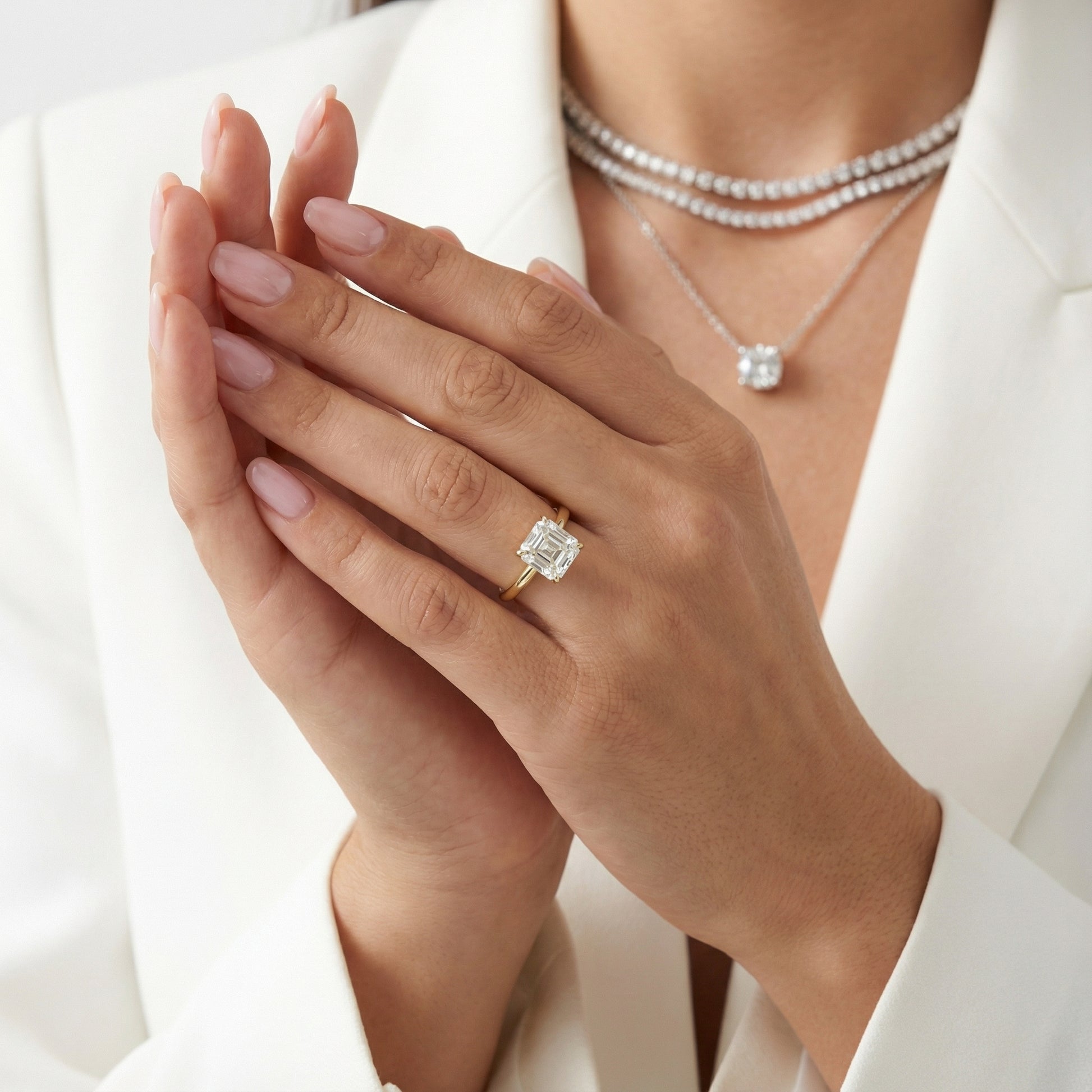 Asscher Cut Lab Grown Diamond Solitaire Engagement Ring in Yellow Gold floral setting