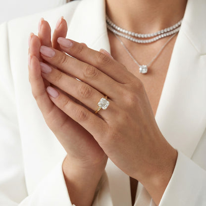 Asscher Cut Lab Grown Diamond Solitaire Engagement Ring in Yellow Gold floral setting