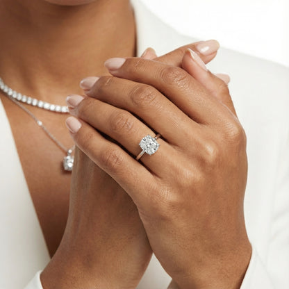 Cushion Cut Lab Grown Diamond Solitaire Engagement Ring in Silver with Floral Basket Detail