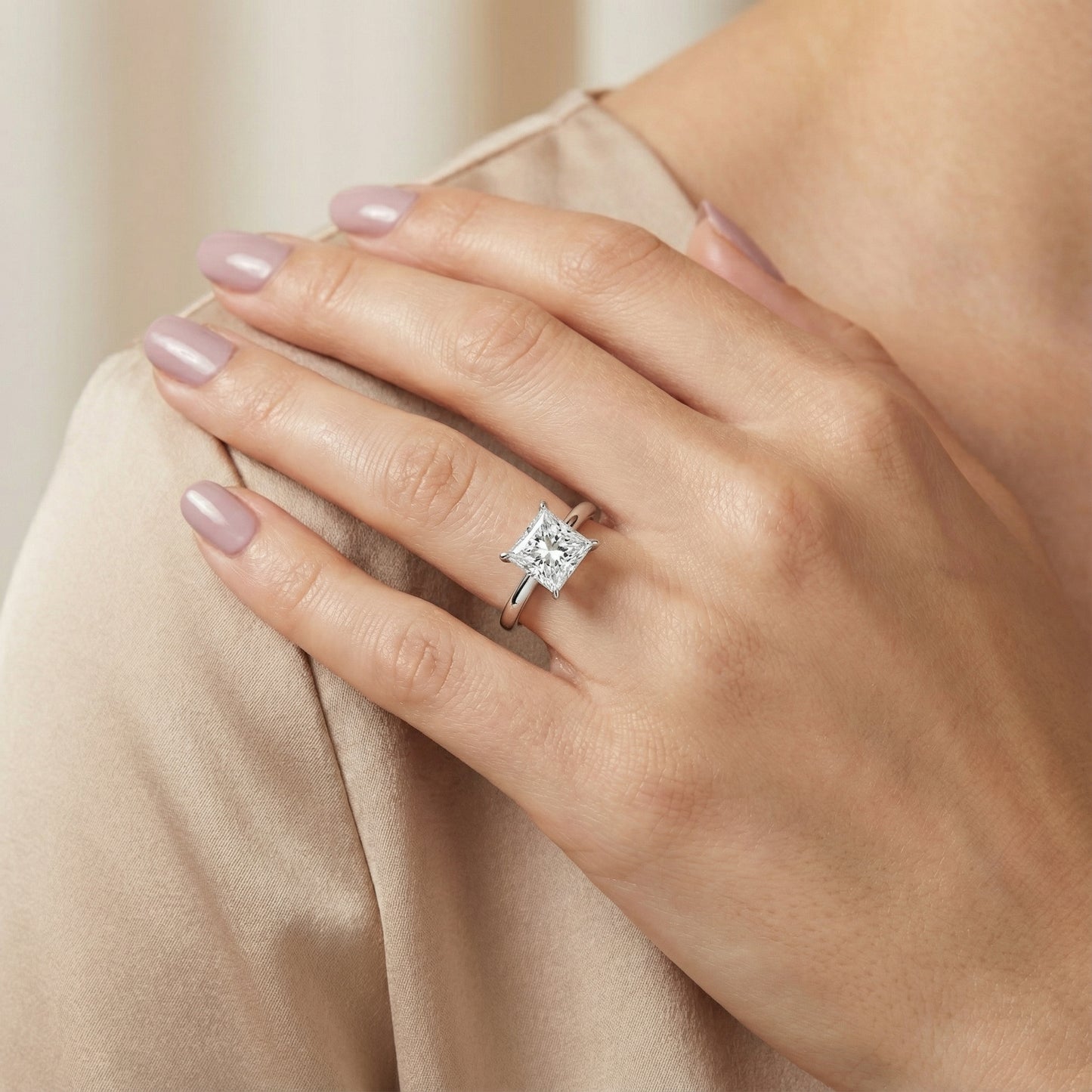 Princess Cut Lab Grown Diamond Solitaire Engagement Ring in Silver with floral basket setting.