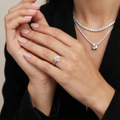 Asscher Cut Lab Grown Diamond Solitaire Engagement Ring in Silver floral setting