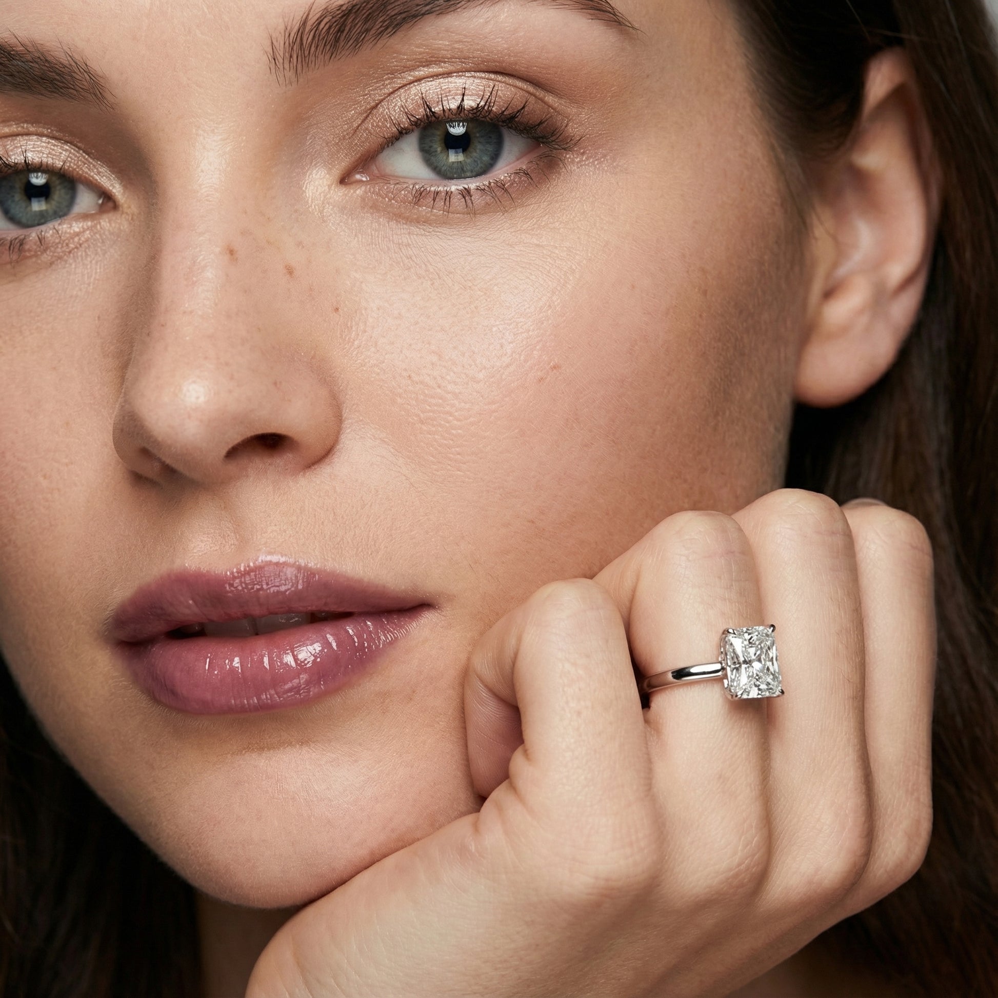 Radiant Cut Lab Grown Diamond Solitaire Engagement Ring in Platinum showing sleek band