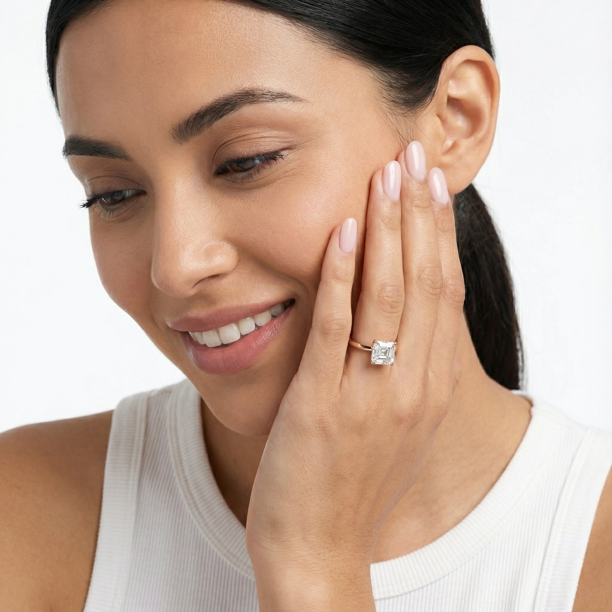 Asscher Cut Lab Grown Diamond Solitaire Engagement Ring in Rose Gold floral setting