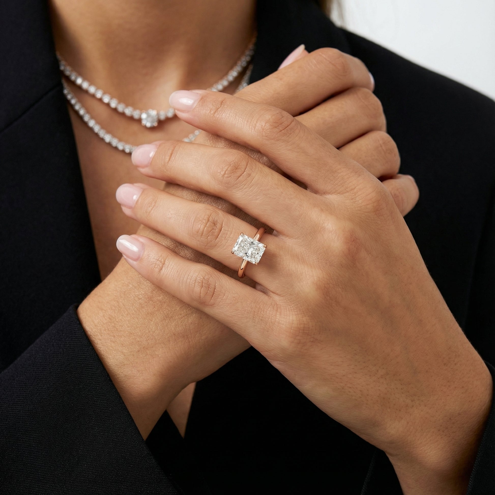 Radiant Cut Lab Grown Diamond Solitaire Engagement Ring in Rose Gold showing side profile