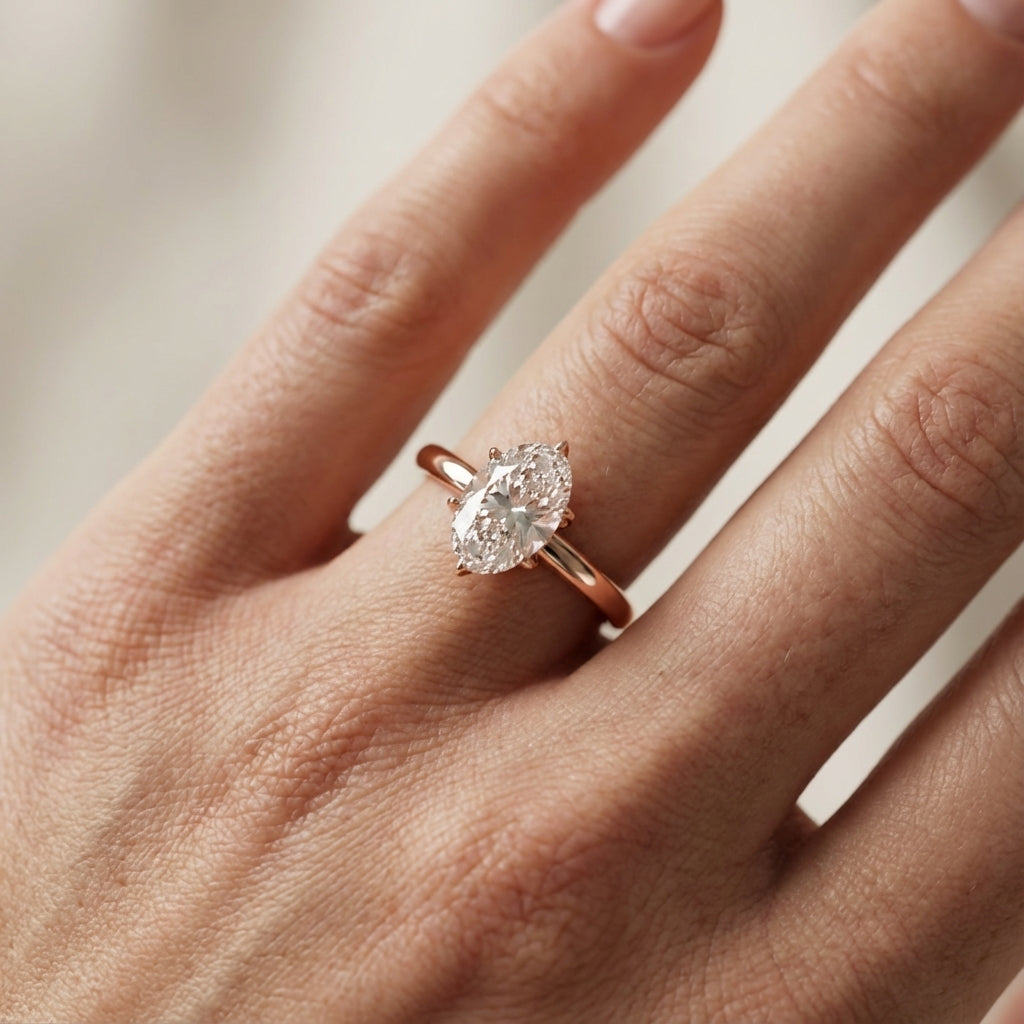 Oval Cut Lab Grown Diamond Solitaire Engagement Ring in Rose Gold showing floral prong details.