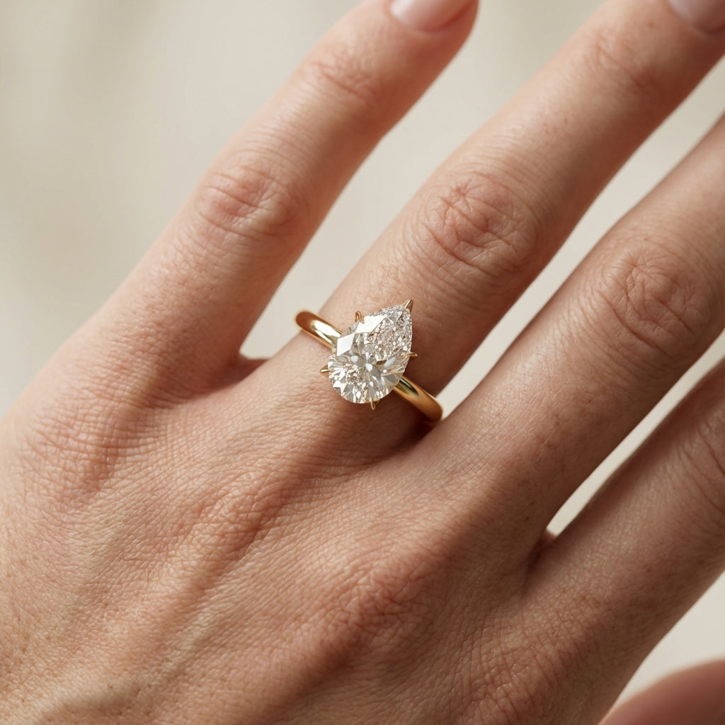 Pear Cut Lab Grown Diamond Engagement Ring in Yellow Gold with six prongs