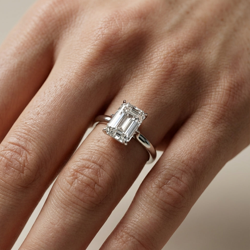 Emerald Cut Lab Grown Diamond Solitaire Engagement Ring with Floral Basket in Silver