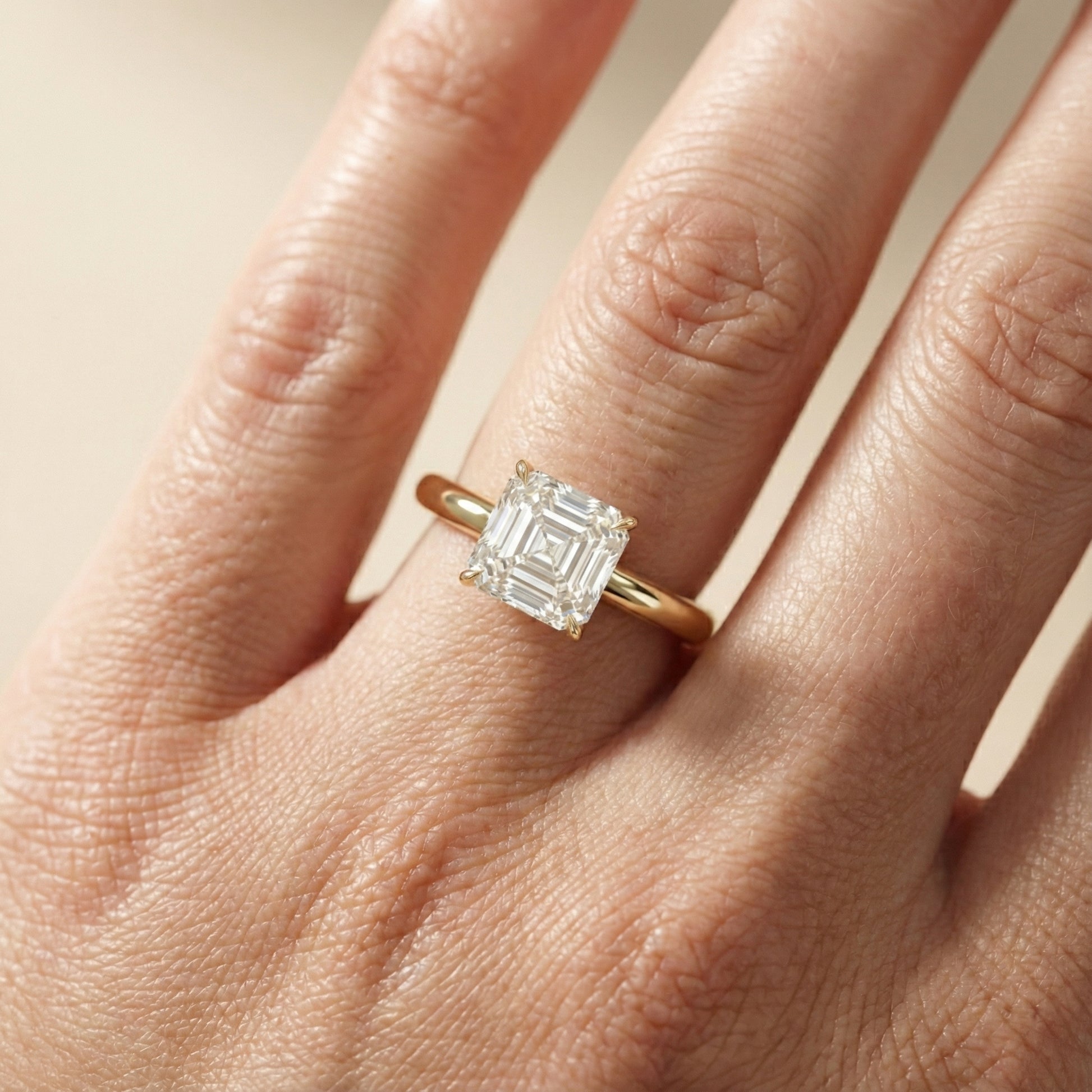 Asscher Cut Lab Grown Diamond Solitaire Engagement Ring in Yellow Gold floral setting