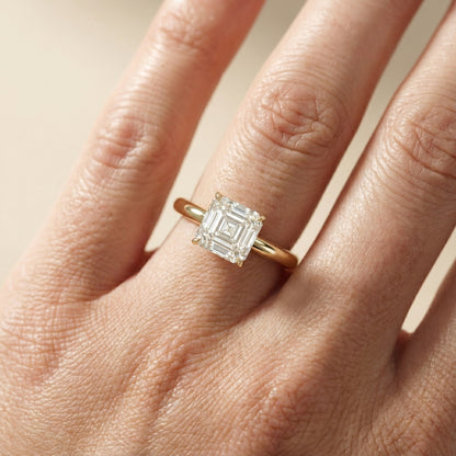 Asscher Cut Lab Grown Diamond Solitaire Engagement Ring in Yellow Gold floral setting