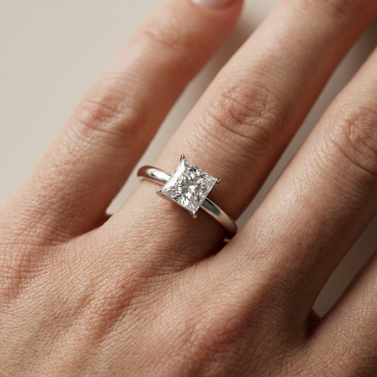 Princess Cut Lab Grown Diamond Solitaire Engagement Ring in White Gold with unique prong setting.