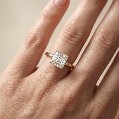 Asscher Cut Lab Grown Diamond Solitaire Engagement Ring in Rose Gold floral setting