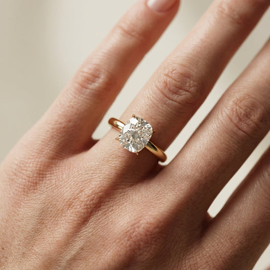 Cushion Cut Lab Grown Diamond Solitaire Engagement Ring in Yellow Gold with Floral Basket Detail