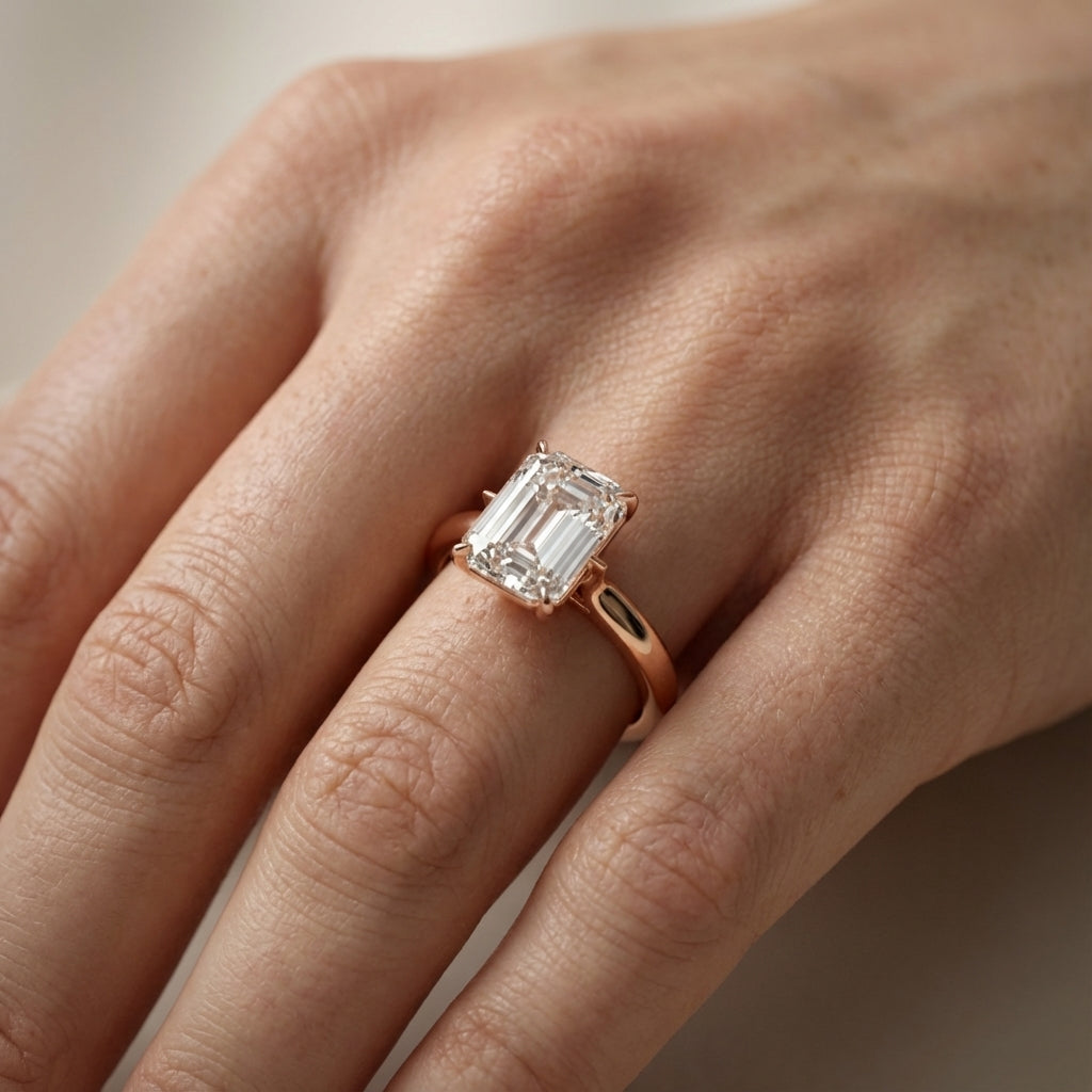 Emerald Cut Lab Grown Diamond Solitaire Engagement Ring with Floral Setting in Rose Gold