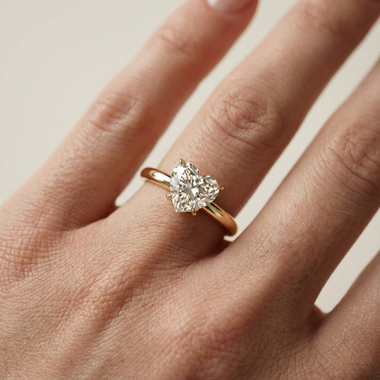 Serena Blossom Heart Cut Lab Grown Diamond Solitaire Engagement Ring in Yellow Gold showing slim band