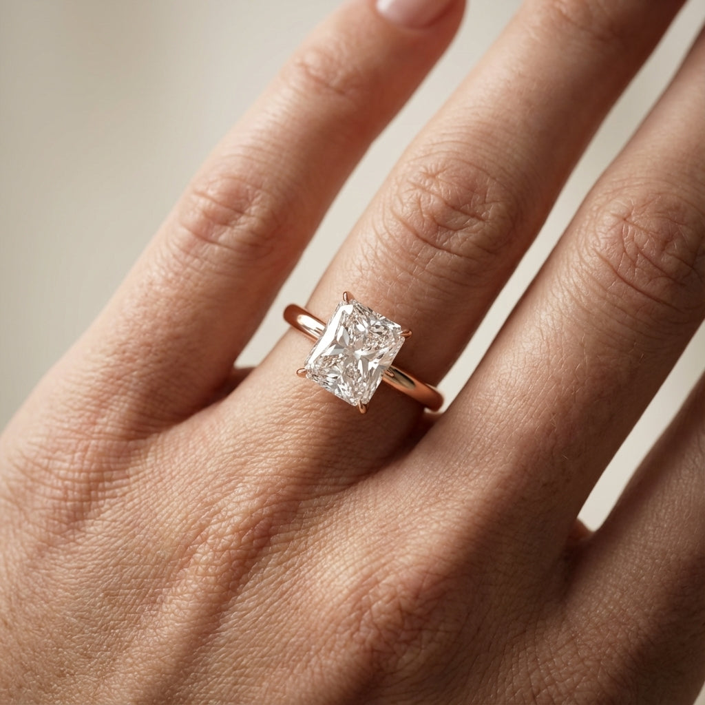 Radiant Cut Lab Grown Diamond Solitaire Engagement Ring in Rose Gold showing side profile