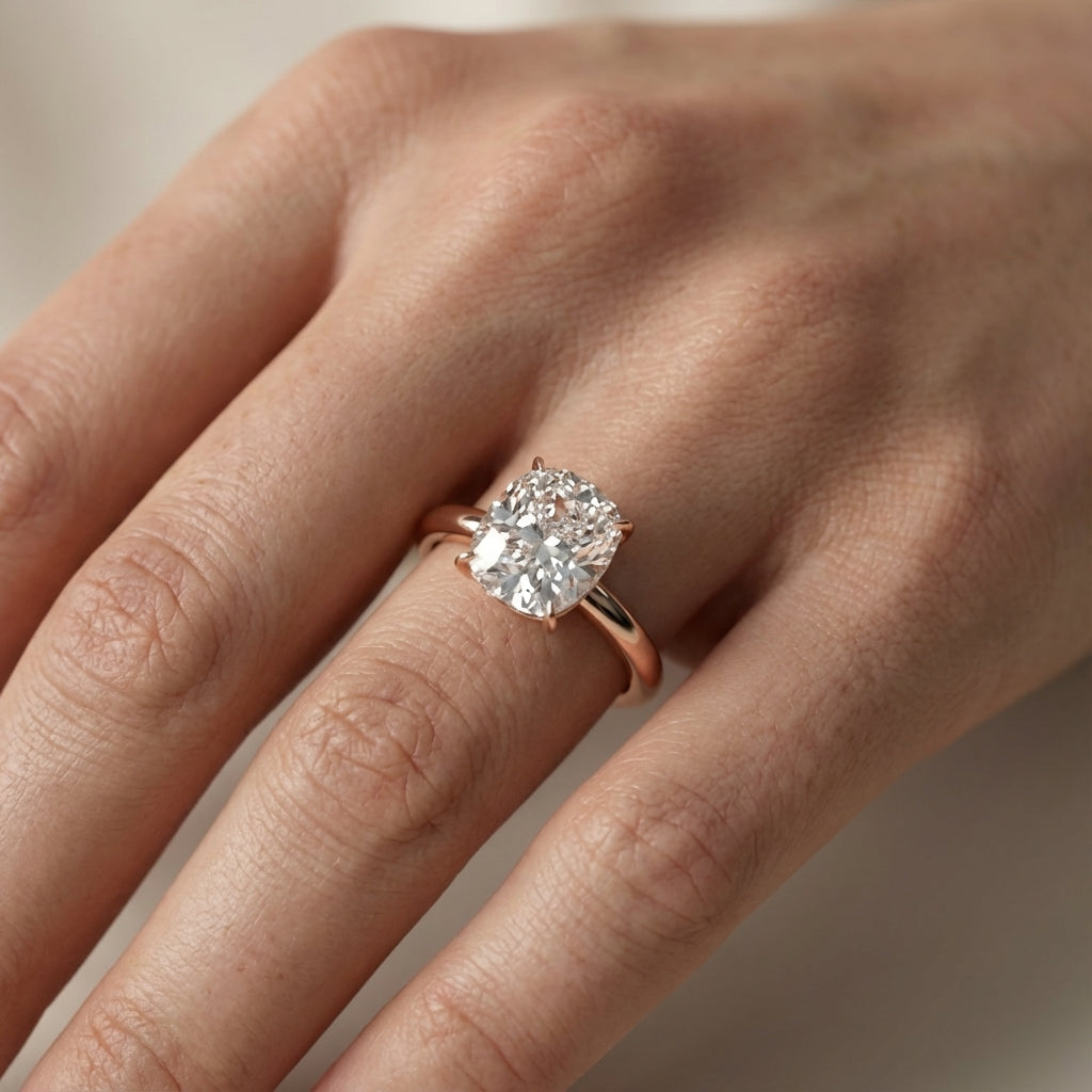 Cushion Cut Lab Grown Diamond Solitaire Engagement Ring in Rose Gold with Floral Basket Detail